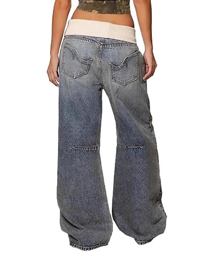 Raboolion Women's Y2K Low Waist Baggy Cargo Denim Pants Loose Fit Patchwork Wide Leg Streetwear Vintage Boyfriend Jeans thumbnail 2