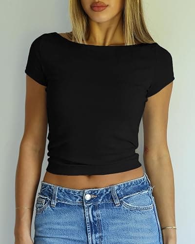 Beumissy Women's Boat Neck Short Sleeve T-Shirts Y2K Cute Going Out Tops Summer Baby Tees thumbnail 7