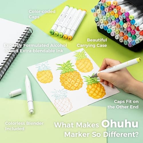 Ohuhu Alcohol Markers Brush Tip - AP Certificated Double Tipped Art Marker Set for Artist Adults Coloring Illustration- 72 Colors - Refillable - Fine and Brush Dual Tips - Honolulu B of Ohuhu Markers thumbnail 8