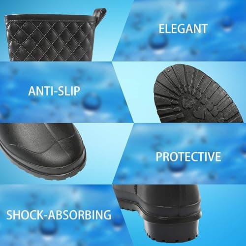 Petrass Women Rain Boots Black Waterproof Mid Calf Lightweight Cute Booties Fashion Out Work Comfortable Garden Shoes thumbnail 3