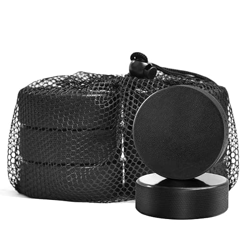 OMYOPY Ice Hockey Pucks with Reusable Mesh Bag, Rubber Street Hockey Puck Balls for Practicing and Classic Training, Diameter 3", Thickness 1", 6 oz, Official Regulation, Black - Image 1