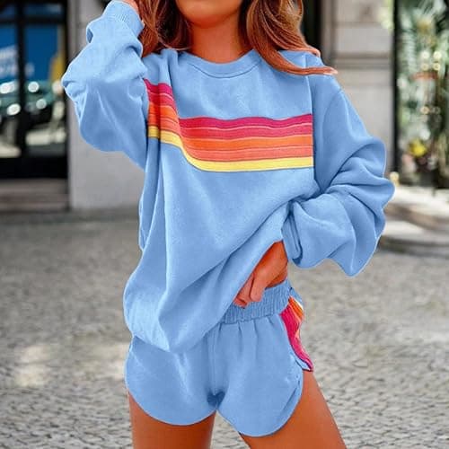Toumov 2 Piece Lounge Sets for Women Rainbow Striped Outfits Casual Long Sleeve Sweatshirt Shorts Trendy Matching Sweatsuit thumbnail 2