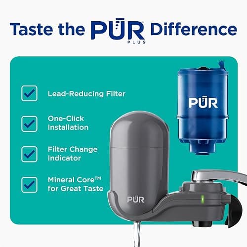 PUR Plus Vertical Faucet Mount Water Filtration System, Lead-Reducing Water Filter For Sink Faucet, Easy Install, 100 Gallons, Compatible with Sinks with External Aerators, Grey thumbnail 2