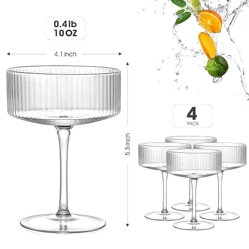 VENVENWEAVS Coupe Glasses Set Of 4,Hand-blow10 Oz Vintage Cocktail Glasses,Ribbed Martini Glasses For Espresso Martini, Champagne,Cosmopolitan,Manhattan,Cocktail Party,Cocktail Glassware Gift Set thumbnail 3
