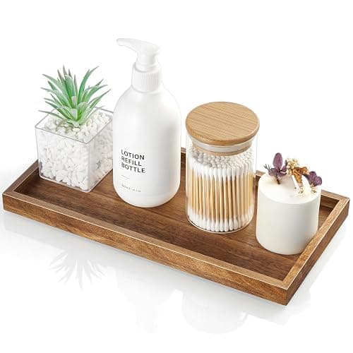 ALELION 11.7" Bathroom Vanity Tray for Counter - Acacia Wood Decorative Tray for Toilet Tank Makeup Perfume Jewelry Catchall Coffee Table - Wooden Kitchen Countertop Organizer for Soap Dispenser - Image 1
