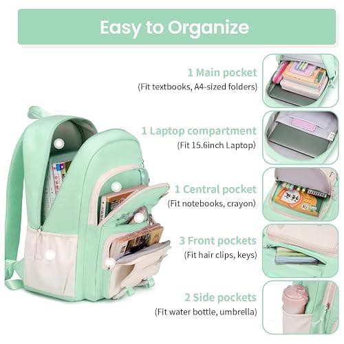 Tanou School Backpacks for Girls, 20 Liters Kawaii Girls School Bag with Pendant, Lightweight Nylon Childrens Backpack for Primary Junior School, Green thumbnail 4