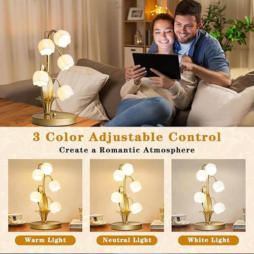 WERFOP Vintage Lily of the Valley Flower Table Lamp | 3 Color Adjustable LED Bedside Lamp, Cute Night Light for Bedroom, Living Room, Dorm Room, Office & Home Decor (Gold) thumbnail 2