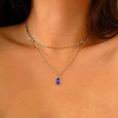 Vrsilver Layered Birthstone Necklace for Women Girls, Gold Silver Rose Gold Plated Layered Paperclip Chain Choker Necklace with Rectangle Birthstone Pendant Birthday Gifts for Women Girls Jewelry - 15"+2"/17"+2" - Gold - 06 Jun - Alexandrite thumbnail 4
