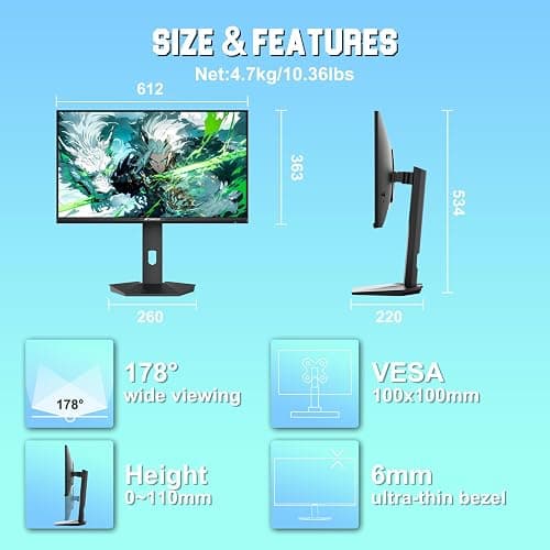 SANSUI Gaming Monitor 27" 1440P 200Hz 180Hz WQHD 2560×1440-AMD FreeSync 1ms DCI-P3 95% Fast IPS Computer Monitor,Height Adjustable Vertical/Horizontal Rotating, 2×DisplayPort/HDMI 丨HDR丨Low Motion Blur thumbnail 9