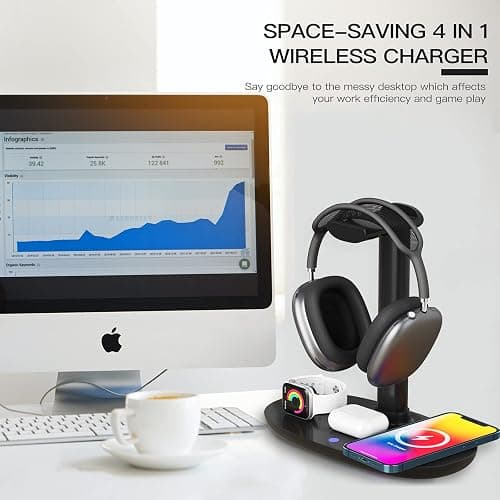 Headphone Stand with 15w Wireless Charger, Suguder 4 in 1 Charging Station Headset Holder for AirPods Max/Pro/4/3/2 iWatch 10/9/8/7/6/5/4/3/2/1/SE iPhone 16/15/14/13/12/11/X for Desktop Table Game thumbnail 4