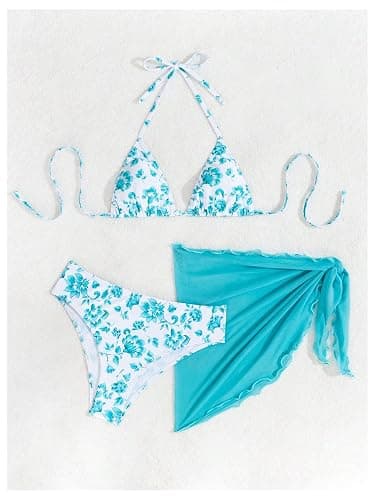SHENHE Women's 3 Piece Floral Bikini Set with Wrap Coverup Halter Triangle Swimsuits thumbnail 3