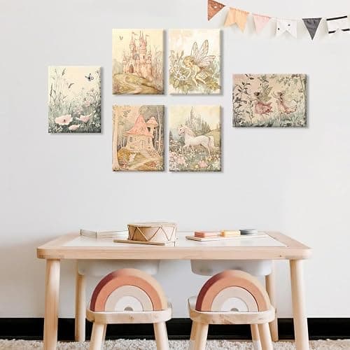 Vintage Fairy Nursery Wall Art Baby Girl Room Canvas Wall Decor Magic Forest Poster Fantasy Fairytale Prints Nursery Antique Magical Picture Flower Painting for Bedroom 8x10 Inch Ready to Hang 6Pcs thumbnail 6