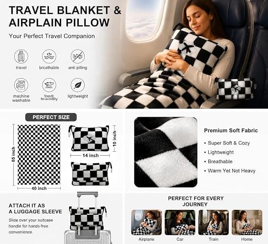 Travel Blanket and Pillow Compact, Premium Soft 2 in 1 Airplane Blanket with Soft Bag Pillowcase，Hand Luggage Sleeve and Backpack Clip (Checkered Black) thumbnail 7