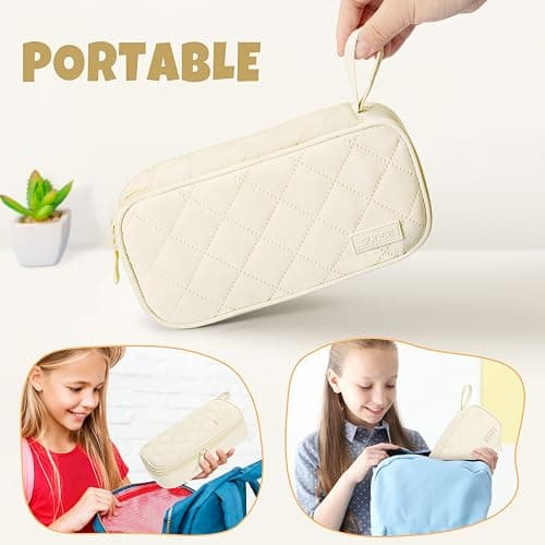 SUNEE Cute Pencil Case, Large Capacity Pencil Pouch Aesthetic Zipper Pencil Bag, Big Storage Pen Organizer for Stationery, Soft Quilted Pencil Box Back to School Supplies for Teen Girls Boys, Cream thumbnail 8