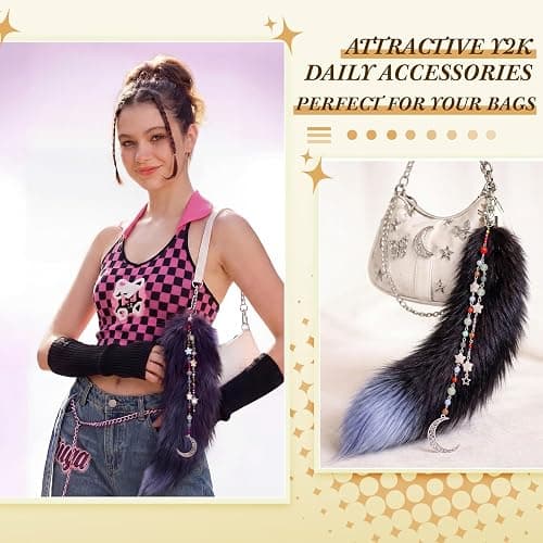 Nosiny 11.8 Inch Fluffy Therian Fox Tail Keychain and Beaded Pendant Keychain for Cosplay Costume Keyring Bag Accessory thumbnail 4