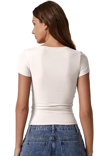 QINSEN Short Sleeve Shirts for Women Round Neck Basic Double Lined Tees Fitted Y2k Crop Tops thumbnail 2