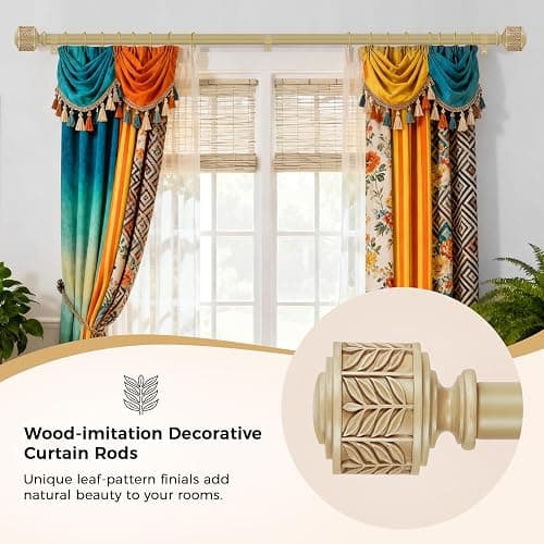 Decorative Wood Curtain Rods for Windows 48 to 84, 1 Inch Heavy Duty Boho Curtain Rod Adjustable with Imitation Wooden Grain Leaf Pattern Finials for Farmhouse/Kitchen/Bedroom, 32"-90" thumbnail 3