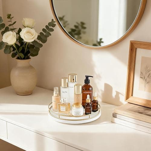 Mkono Makeup Perfume Organizer Tray, 360 Rotating Skincare Cosmetic Storage | Lazy Susan for Bathroom, Lotion Display Holder, Vanity Dresser Desk Countertop, Bedroom Living Room, Raised Guardrail thumbnail 2