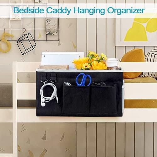 Loghot Bedside Caddy/Bedside Storage Bag Hang/ing Organizer for Bunk and Hospital Beds,Dorm Rooms Bed Rails,Can be Placed Glasses,Books,Mobile Phones,Keys (Black) thumbnail 4