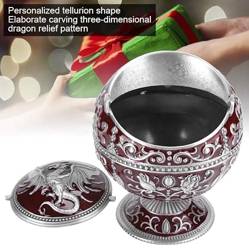 Windproof Ashtray, Vintage Ashtray with Lid, Metal Ball Cigarette Tabletop Ashtray with Wine Red Globe Fly Dragon Shape for Outdoor Indoor Home Decoration Crafts thumbnail 3