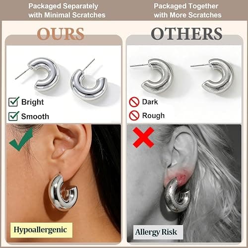 12 Pairs Chunky Silver Hoop Earrings for Women Trendy, Silver Plated Lightweight Thick Open Twisted Stack, Non Tarnish Huggie Hoops Earring Set thumbnail 7
