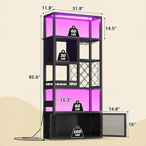Armocity 82.6" Tall Bar Cabinet with Power Outlets & LED Lights, Liquor Cabinet Bar for Home, Reversible Coffee Station Wine Cabinet with Glass Holder & Wine Rack for Small Space, Black thumbnail 3