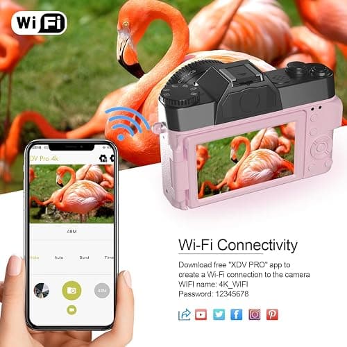4K 56MP Digital Camera for Photography NIKICAM Vlogging Camera for YouTube with 180° Flip Screen, WiFi,16X Digital Zoom, 52mm Lens, 2 Batteries, 32GB Micro SD Card(Pink) - Pink thumbnail 3