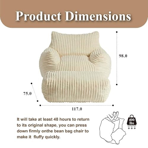 XOFUGEM Premium Beige Bean Bag Chair for Adults with Armrest- Ultra Plush Memory Foam Lounge Sofa & Comfy Reading Nook Chair for Bedroom, Living Room & Dorm (White, Without Pedals) thumbnail 2