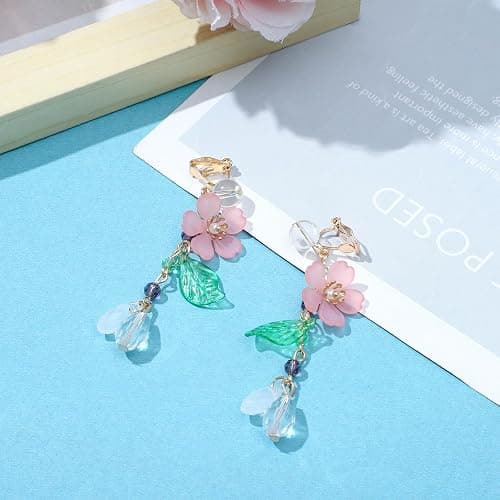 NEWITIN 3 Pairs Flower Clip On Earrings for Women Hypoallergenic Earring Pearl Leaf Floral Tassel Earring Non Piercing Clip on Long Flower Dangle Earrings for Women thumbnail 3