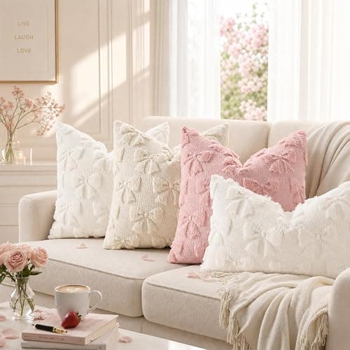 decorUhome Beige Bow Cute Girl Faux Fur Throw Pillow Covers 20x20 Set of 2 | Pillow Covers Coquette Aesthetic Plush Wool Modern Farmhouse Decorative Pillowcase for Preppy Bedroom Couch Sofa Decor thumbnail 3
