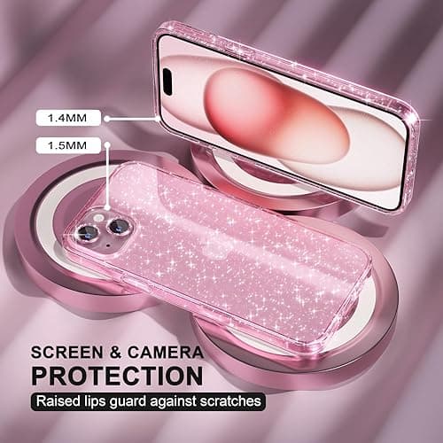 Choiche Compatible for iPhone 15 Case Women Phone Case, Cute Bling Sparkly, Military Grade Drop Protection, 2 Diamond Camera Lens Covers, 2 Tempered Glass Protectors, 6.1 inch (Glitter Pink) thumbnail 5