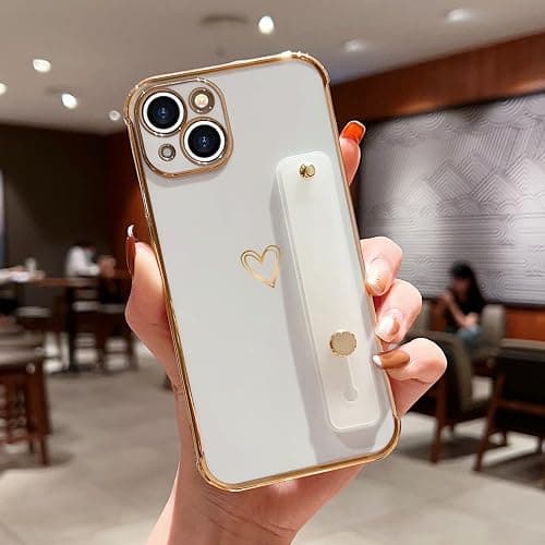 LLZ.COQUE for iPhone 15 Case with Strap Stand, White | Bling Luxury Cover, Cute Heart Design for Women Girls, Adjustable Hand Strap Stand, Shockproof Bumper Protection Phone Case thumbnail 2