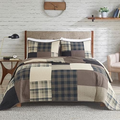 Woolrich Winter Hills Reversible Quilt Set - Cottage Styling Reversed to Solid Color, All Season Lightweight Coverlet, Cozy Bedding Layer, Matching Shams, Oversized Full/Queen, Plaid Tan 3 Piece - Image 1