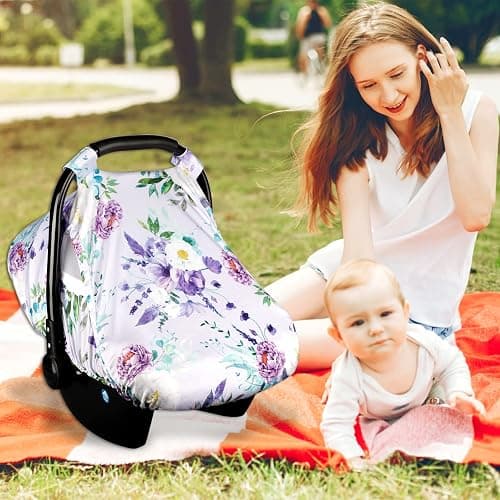 CARUILI Purple Floral Baby Car Seat Cover, Breathable Mesh Window, Sun and Wind Protection, 3 Modes of Use, Waterproof, Nylon, Polyester thumbnail 7
