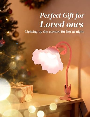 Flower Clip On Desk Lamp for Home and Dorm - Cute Floral Clip On Bedside Book Reading Light, Pink Flower Bunk Bed Lighting, Kawaii Led Flexible Gooseneck Table Lamp for Headboard with Clamp thumbnail 7