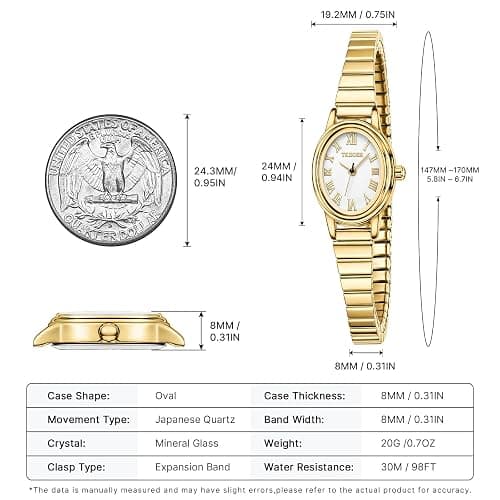 TKIIOER Small Gold Watches for Women, Easy to Read Dial Ladies Analog Watch, Oval Case, Stainless Steel Expansion Band, Waterproof Watch thumbnail 4