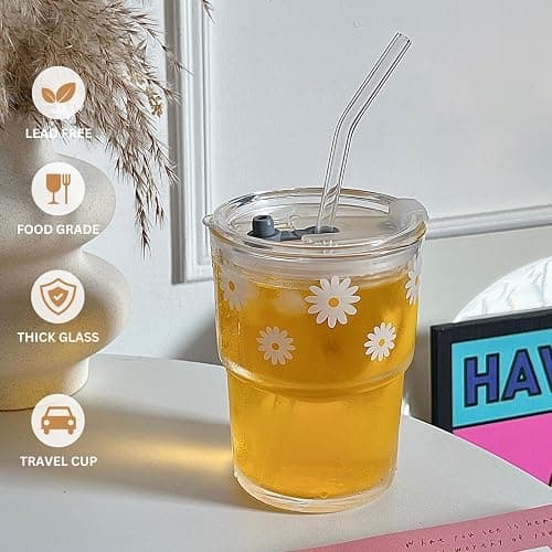 Olvini 13oz Glass Tumbler with Straw and Lid, Reusable Iced Coffee Cup Tumbler, Cute Glass Cups for Water, Matcha, Travel Coffee Mugs (Daisy) thumbnail 5