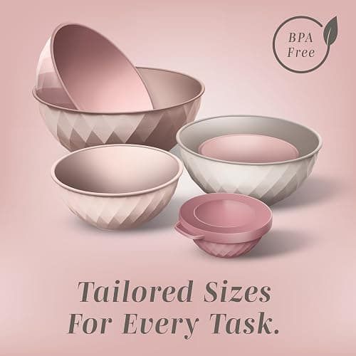 COOK WITH COLOR Mixing Bowls with Lids - 12 Piece Plastic Nesting Bowls Set includes 6 Prep Bowls and 6 Lids, Diamond Design - Microwave Safe, Pink thumbnail 6