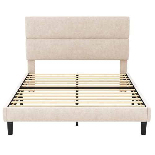 GRUSIGN Queen Size Platform Bed Frame with Velvet Headboard, Adjustable Height Wooden Slats Support, Upholstered Mattress Foundation, Fits Mattress or Mattress with Box Spring, Easy Assembly, Beige thumbnail 8