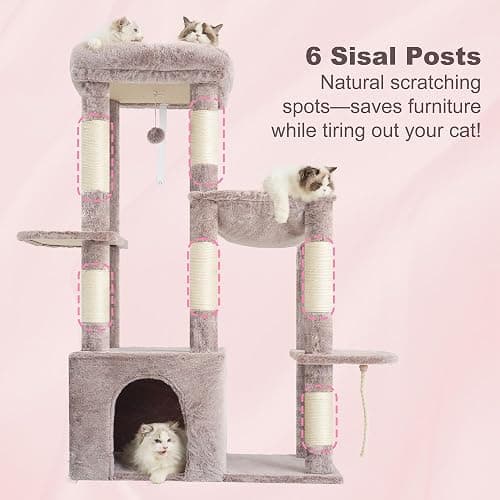 Heybly Heavy Duty Cat Tree, Tower for Indoor Cats Large Adult, Tall Cat Condo House with Extra-Large Baseboard, Multi-Level Plush Furniture with Scratching Posts, Hammock,Toy Balls,Muchroom HCT026MU thumbnail 9