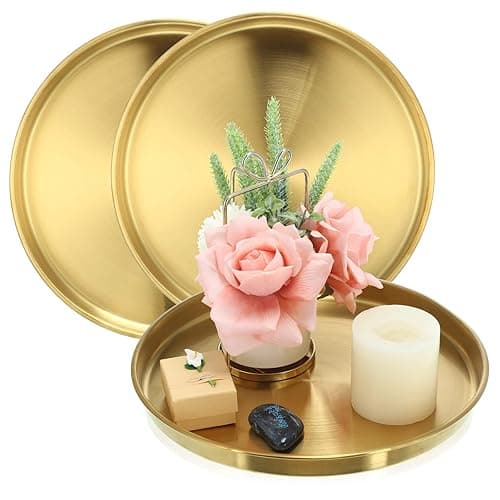 Thenshop 3 Pcs 12 Inch Gold Round Serving Tray Stainless Steel Circle Decorative Vanity Gold Plate Metal Jewelry Makeup Organizer Dishes for Gift Wedding Coffee Table Bathroom Dessert Christmas - 12 Inch - 3