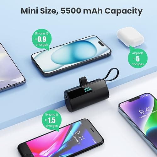 Batterie Externe pour iPhone, 5500mAh Mini Power Bank avec Câble USB C Intégrés, 20W PD Charge Rapide Chargeur Portable Écran LCD Batterie Portable Compatible avec iPhone 16/15/14/13/12/11/X/8/7/6 etc thumbnail 5