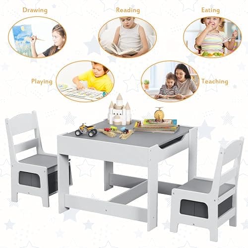 Costzon Kids Table and Chair Set, 3 in 1 Wooden Activity Table with Storage Drawer, Detachable Tabletop for Children Drawing Reading Art Craft, Playroom, Nursery, Toddler Table and Chair Set, Gray thumbnail 8