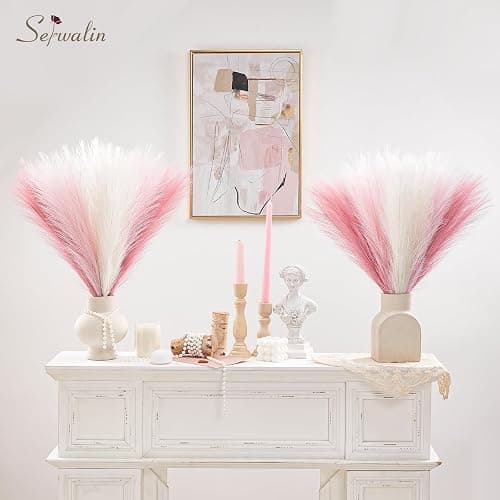 Serwalin Pampas Grass Pink Decor 17.7 Inch 6pcs, Faux Pampas Grass Home Decor, Artificial Pampas Grass Blush Fake Pampas, Short Vase Room Christmas Decoration thumbnail 2