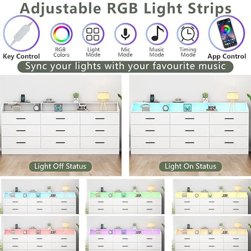 9 Drawers Dresser for Bedroom with Power Outlet,Modern Dresser w/ LED Light | Chest of Drawers, Dressers with Open Storage Cubby, Triple Wide Dressers Organizer for Living Room thumbnail 4