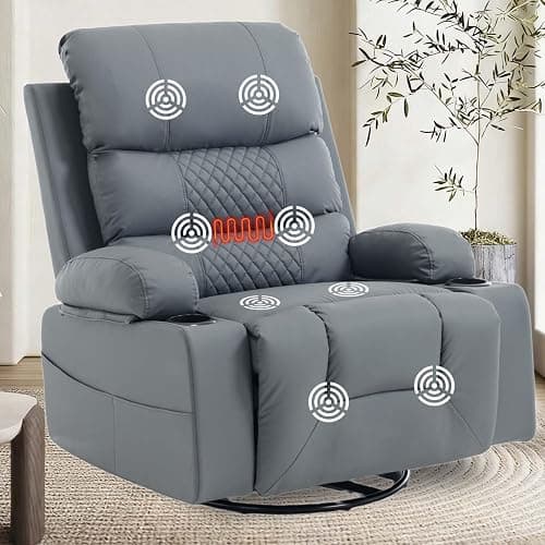 KCQ Swivel Rocker Recliner Chair with Massage and Heat, Oversized Wide Seat Faux Leather Manual Rocking Recliner Chair for Adults, Grey - Image 1