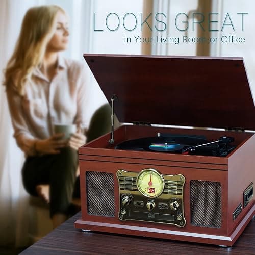 FEKTIK Bluetooth Record Player 10 in 1, 3-Speed Turntable for Vinyl with Speakers, LP to MP3 Converter, CD, Cassette Player, FM Radio, Wireless Streaming | Mahogany - Mahogany thumbnail 7