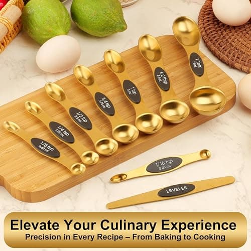 Gold Magnetic Measuring Spoons Set Stainless Steel with Leveler, Dual-Sided Stackable Metal Measuring Spoons for Baking & Cooking, Fits in Spice Jars, Heavy Duty Kitchen Gadgets, 8 Spoons & 1 Leveler thumbnail 6