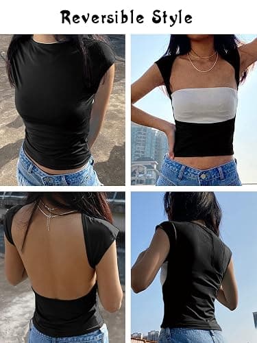 Women Sexy Backless Going Out Top Double Lined Y2K Open Back Crop Tops 2025 Backless Tee Shirts Summer Trendy thumbnail 3
