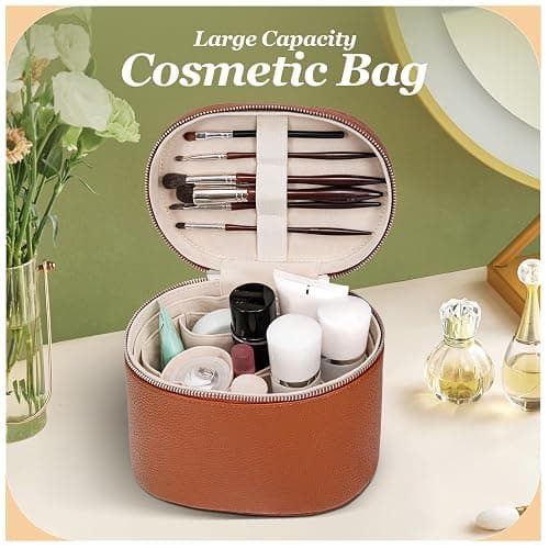 idoltimes Cosmetic Case, Leather Makeup Bag, Portable Handheld Makeup Case, Detachable Compartments, burgundy thumbnail 4